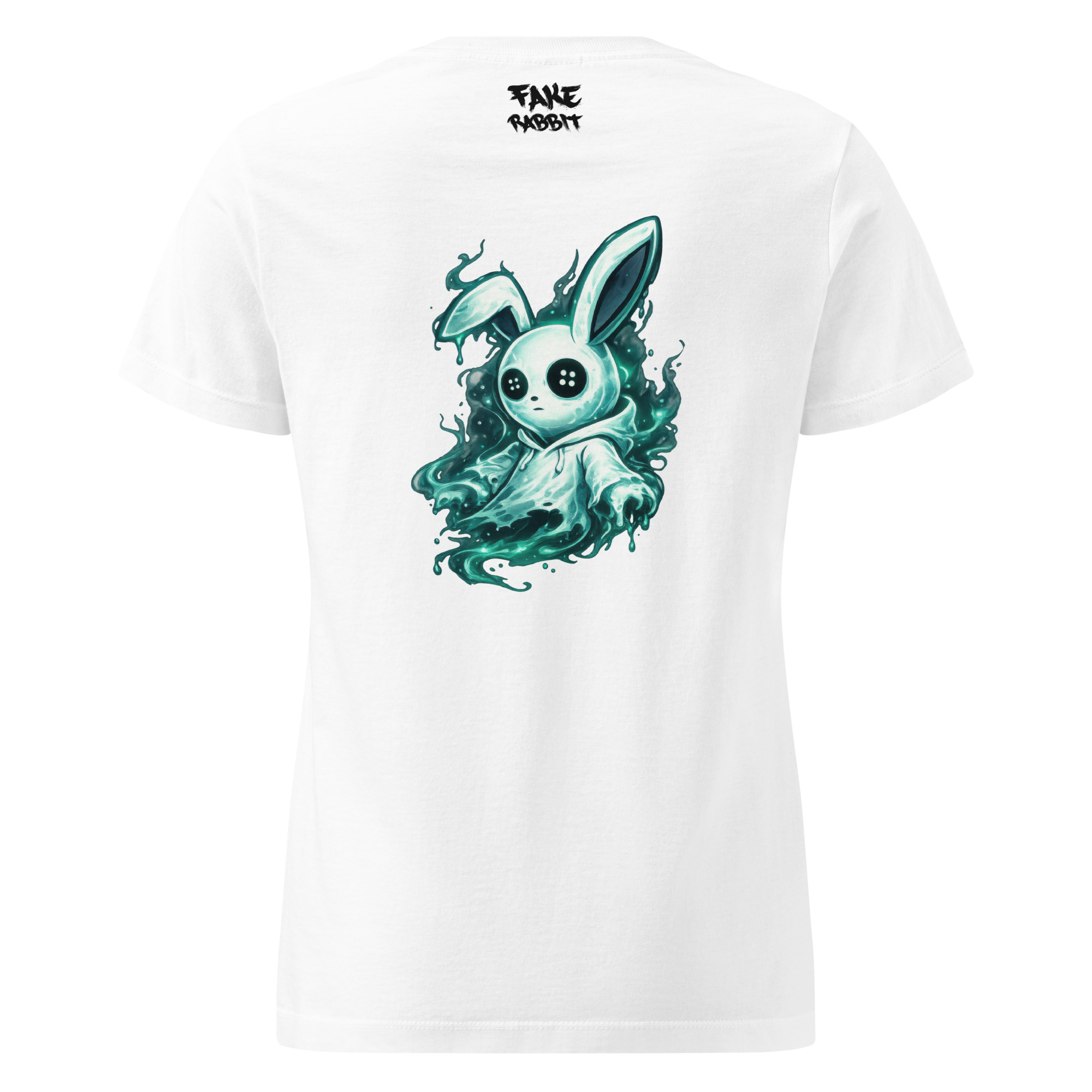 Fake Rabbit Damen T-Shirt – Ghost Rabbit (Backprint) in Weiß, Rückansicht
